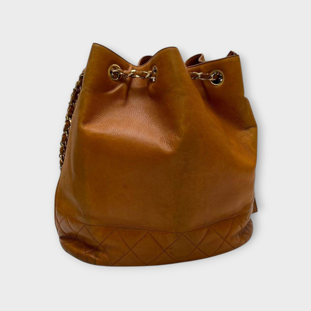Chanel Matelassé Leather Drawstring Chain Shoulder Tote Bag Brown【B】