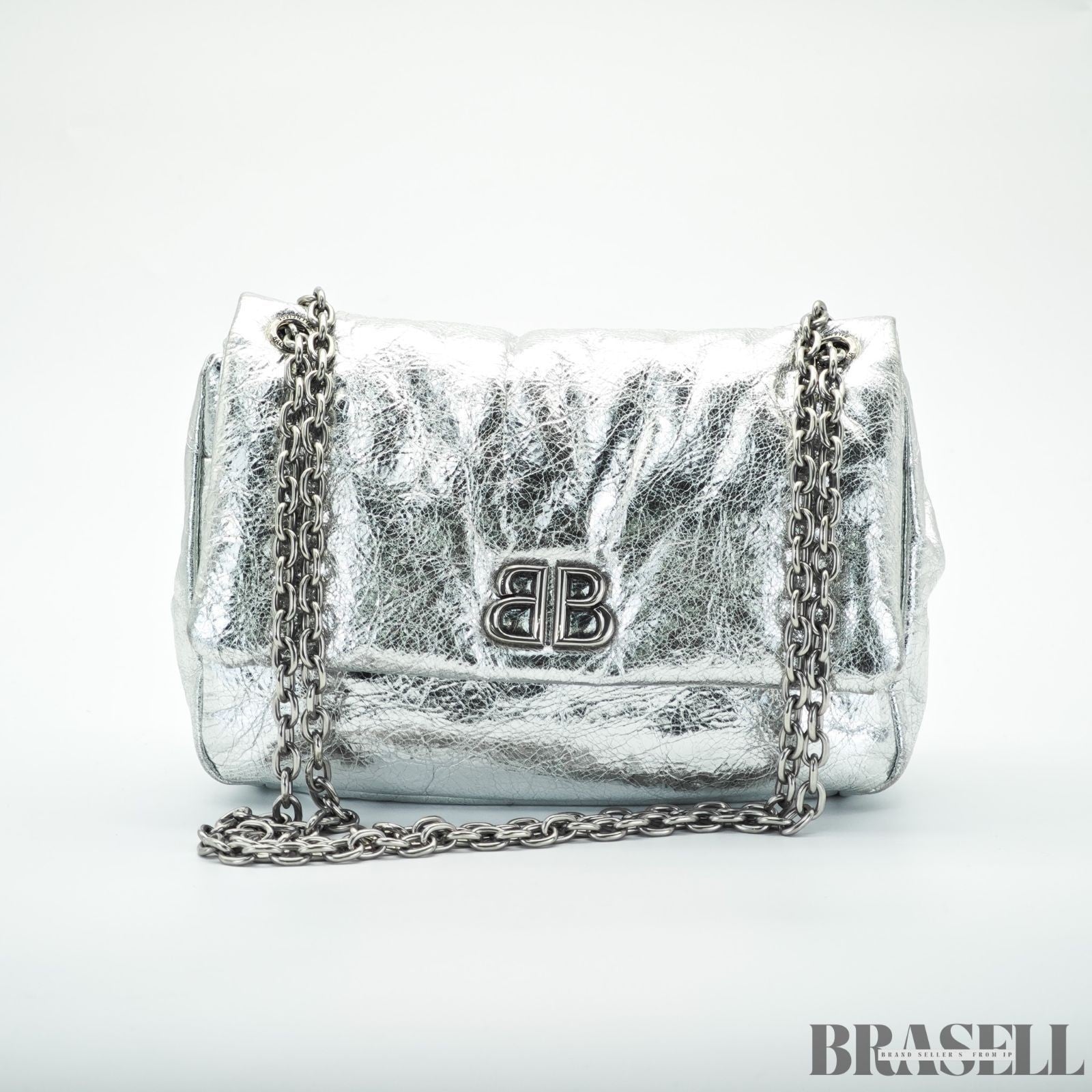 BALENCIAGA MONACO Nano Bag Metallized Compact Shoulder Bag in Silver