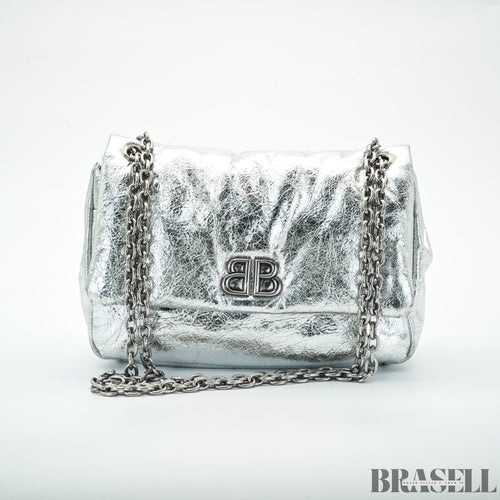 BALENCIAGA MONACO Nano Bag Metallized Compact Shoulder Bag in Silver