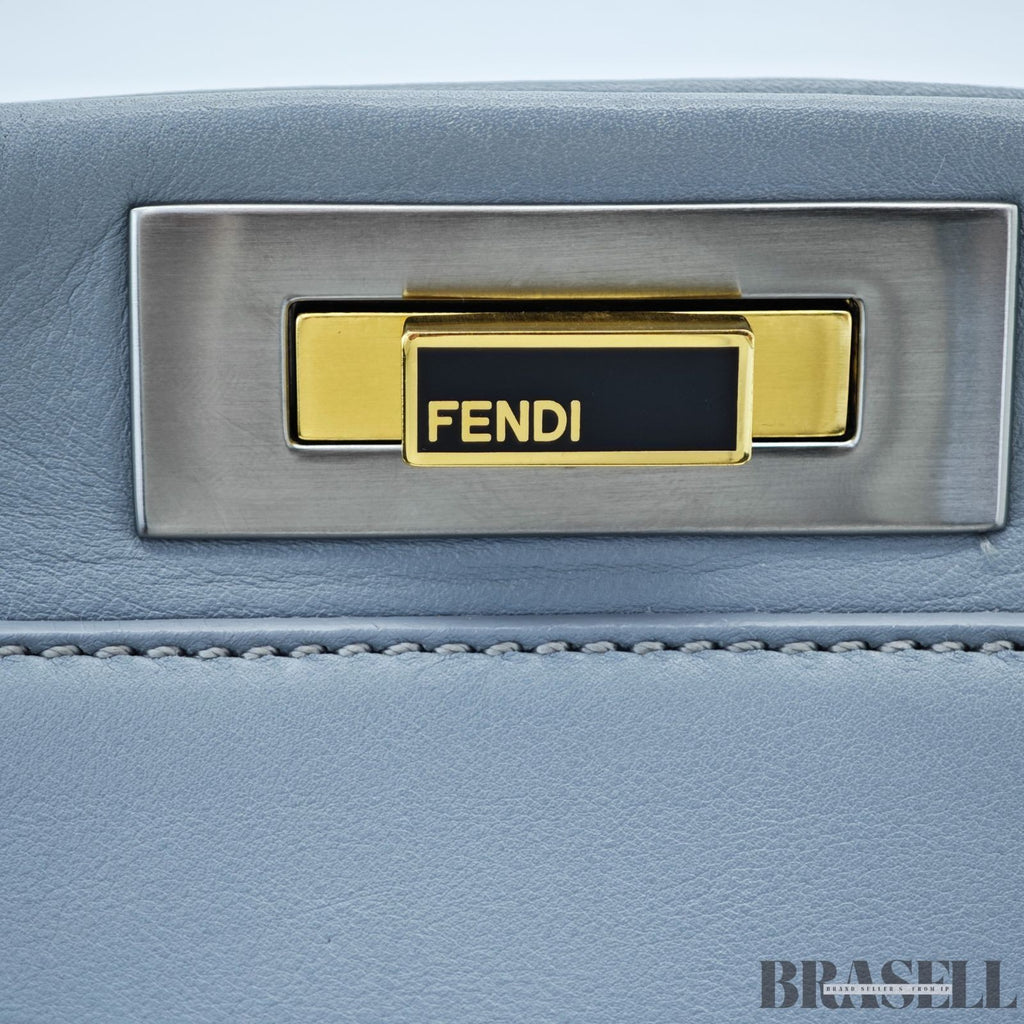 FENDI Peekaboo Large Gray Leather Handbag Shoulder Bag w/ Dust Bag Women's