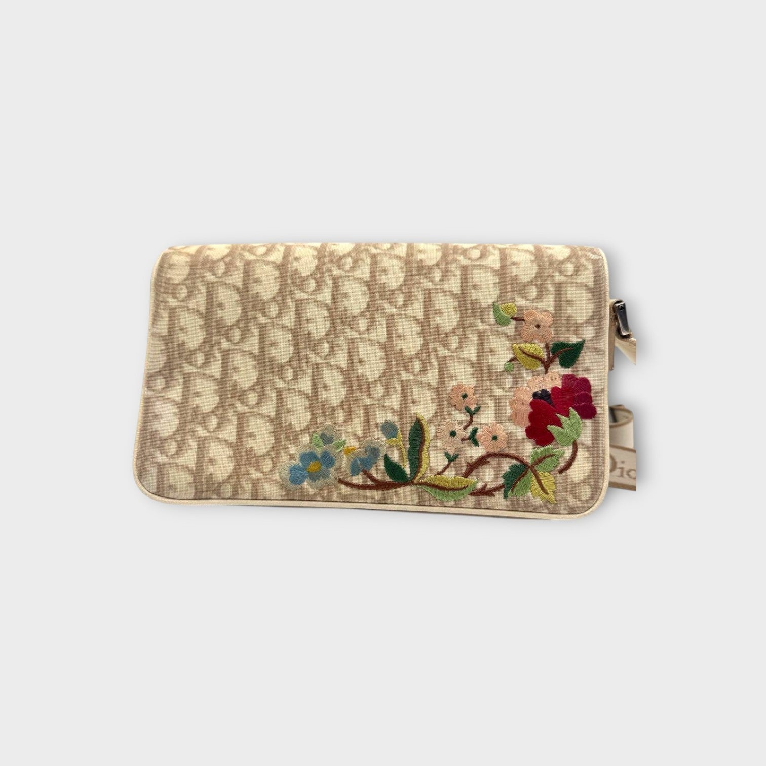 Dior Trotter Flower Embroidery Shoulder Bag CD Hardware Canvas Leather Beige 【B】