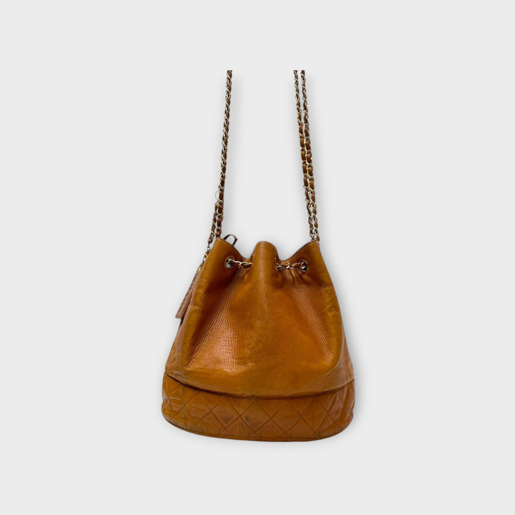 Chanel Matelassé Leather Drawstring Chain Shoulder Tote Bag Brown【B】
