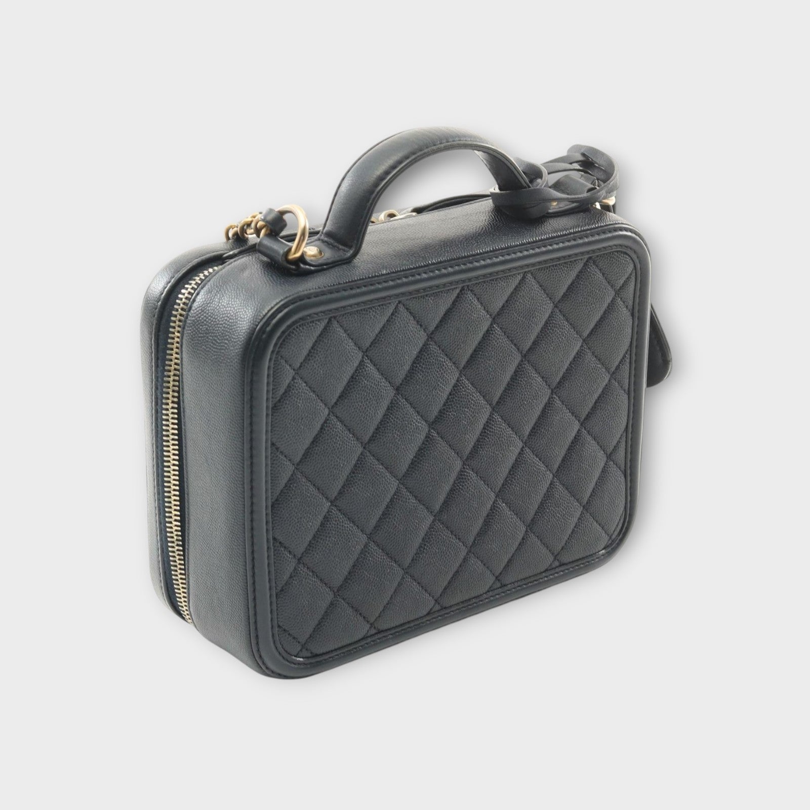 CHANEL CC Filigree Matelasse Shoulder Bag Navy Leather