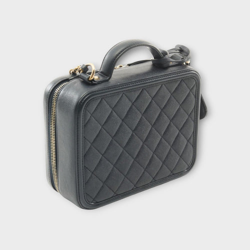 CHANEL CC Filigree Matelasse Shoulder Bag Navy Leather