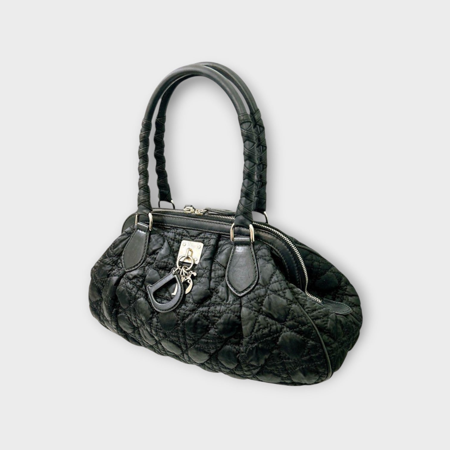 Christian Dior Handbag Tote Bag Leather Nylon Black Silver Hardware 【B】