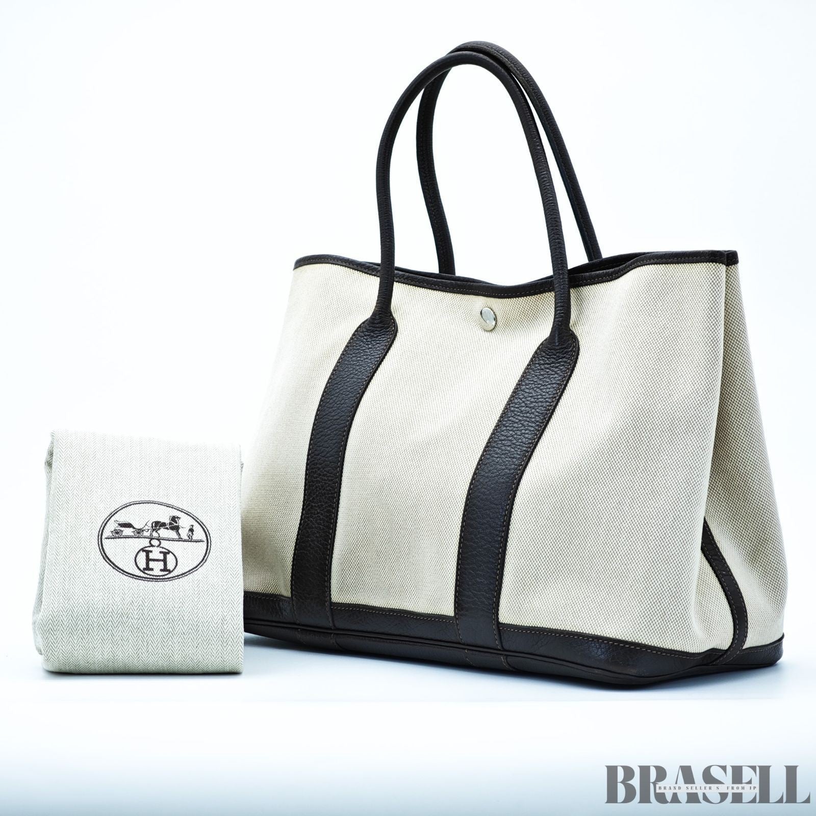 HERMES Garden Party PM Tote Bag Beige Dark Brown Canvas Leather Women’s