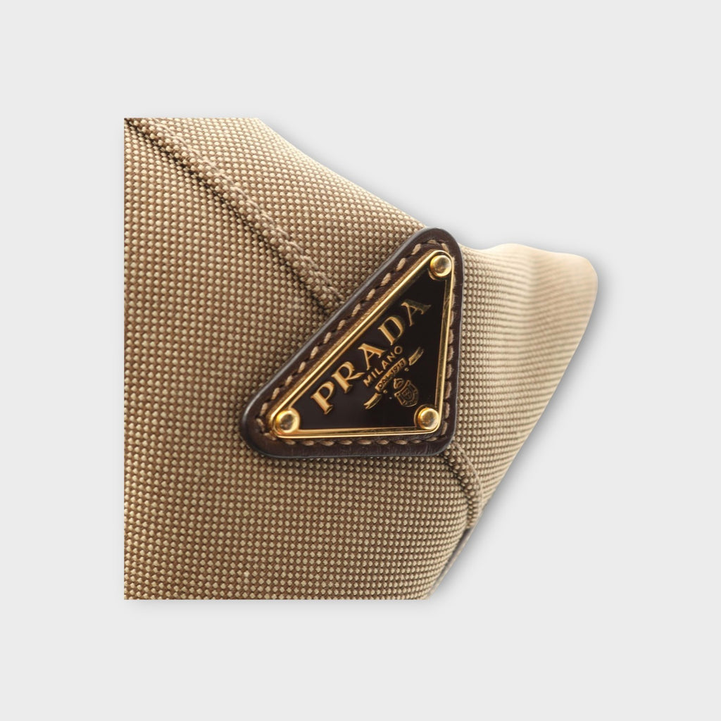 Prada Logo Jacquard Handbag Canvas Leather Beige Brown 1BA172 Gold Hardware 【A】