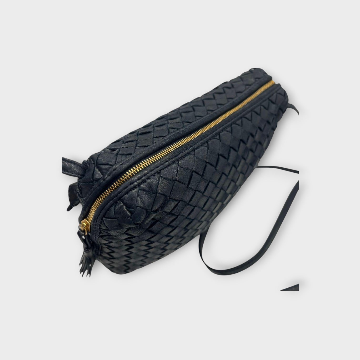 Bottega Veneta Intrecciato Shoulder Bag Fringe Tassel Leather Navy【A】
