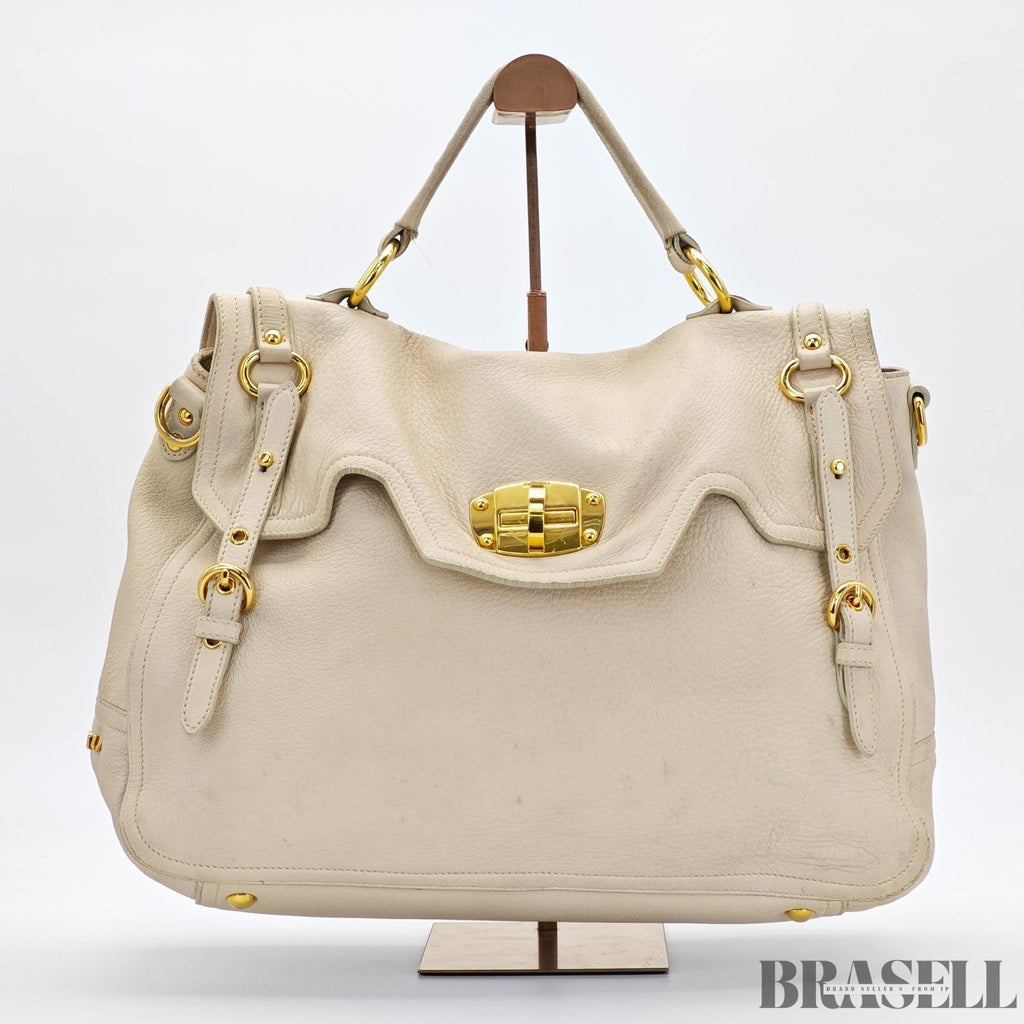 Miu Miu 2-Way Leather Tote Bag/Shoulder Bag Flap White Women's
