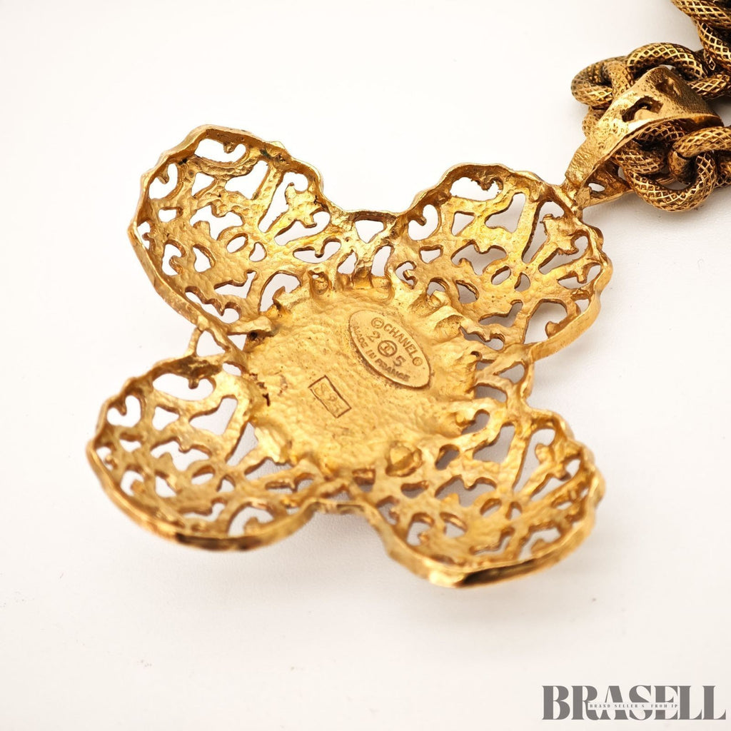 CHANEL Gripoix Long Chain Necklace Gold Red Flower Motif With Box