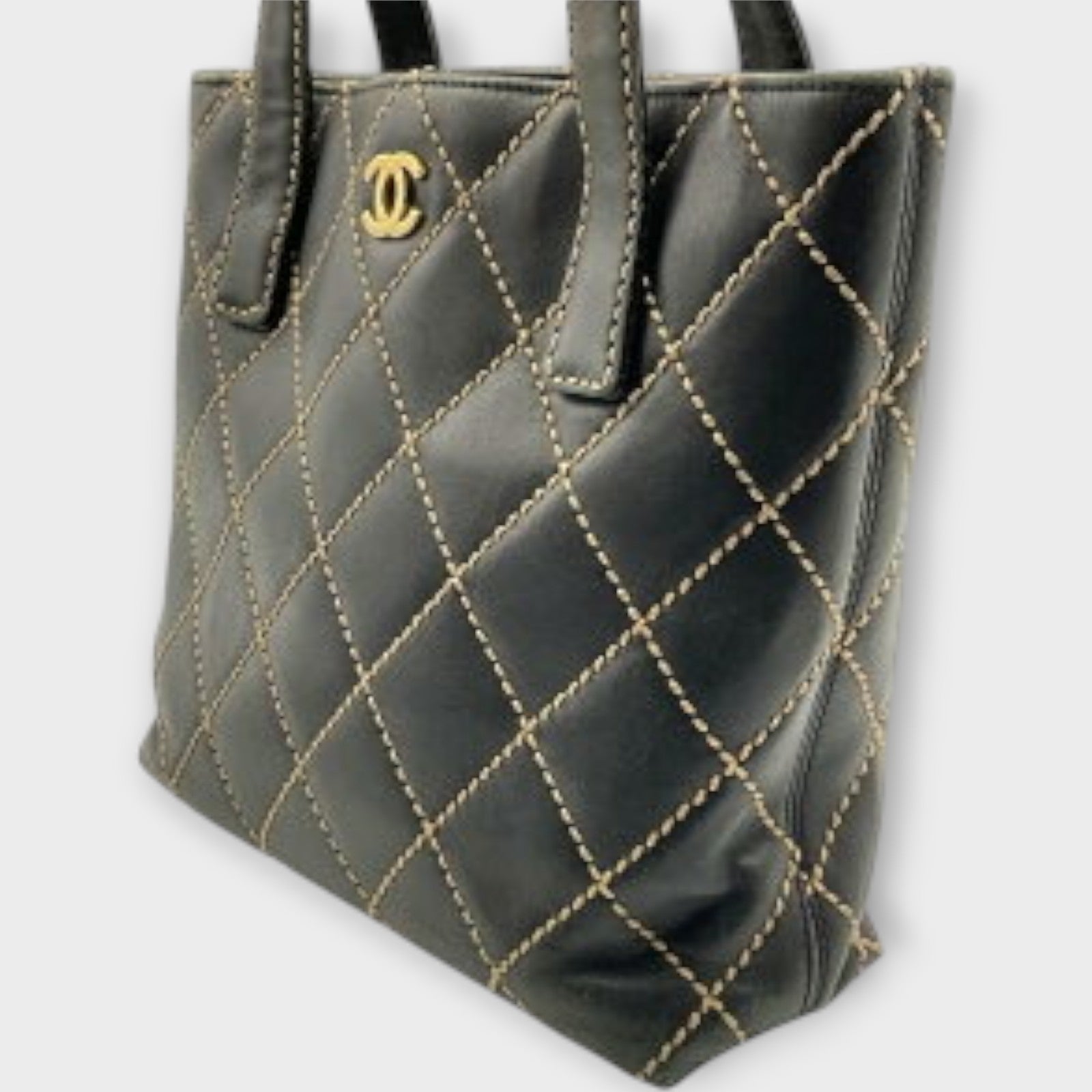 CHANEL A18126 Wild Stitch Tote Bag Leather Serial Seal Peeling Black x Beige