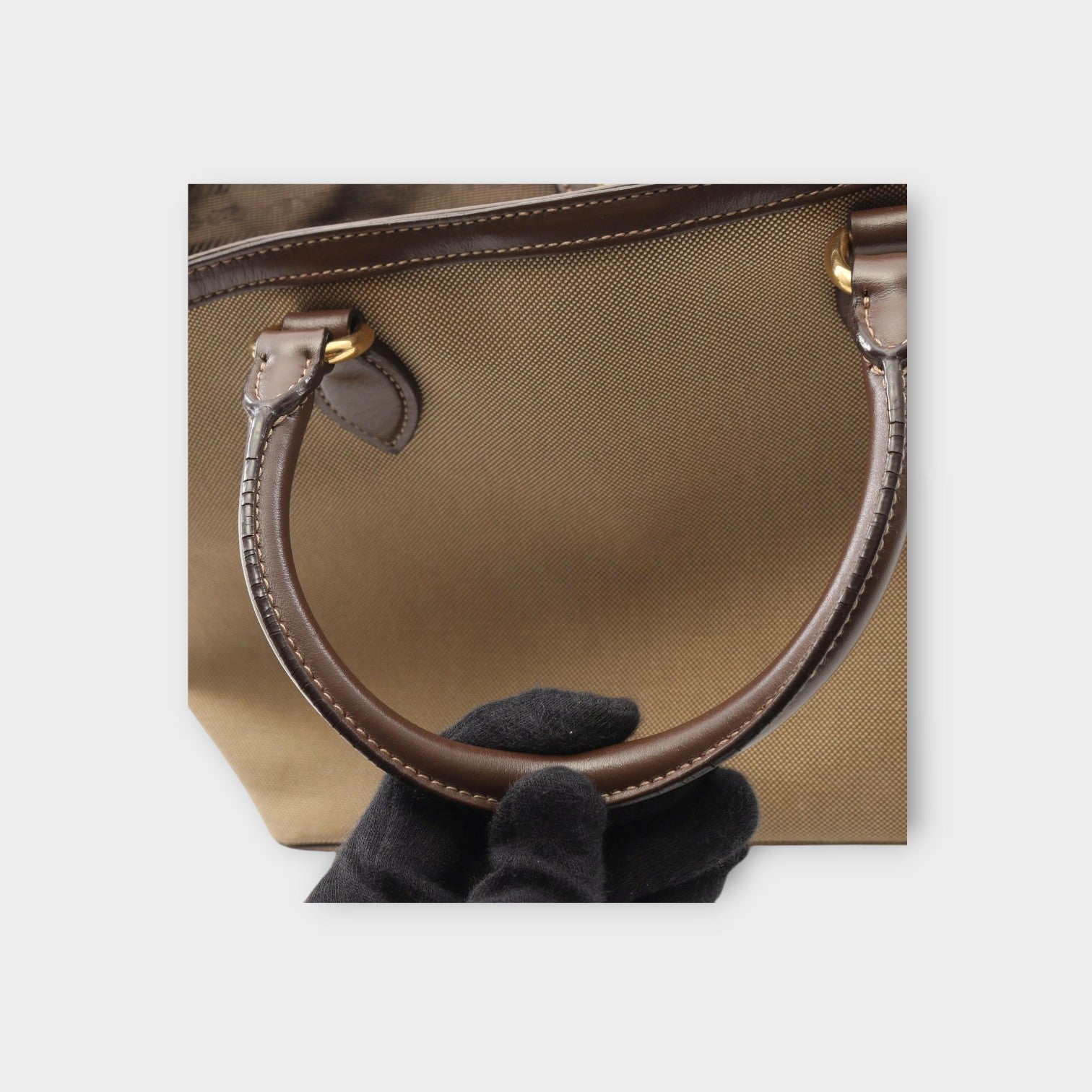 Prada Logo Jacquard Handbag Canvas Leather Beige Brown 1BA172 Gold Hardware 【A】