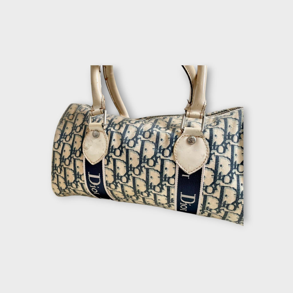 Christian Dior Trotter Flower Mini Boston Handbag Canvas Leather Navy Beige 【B】