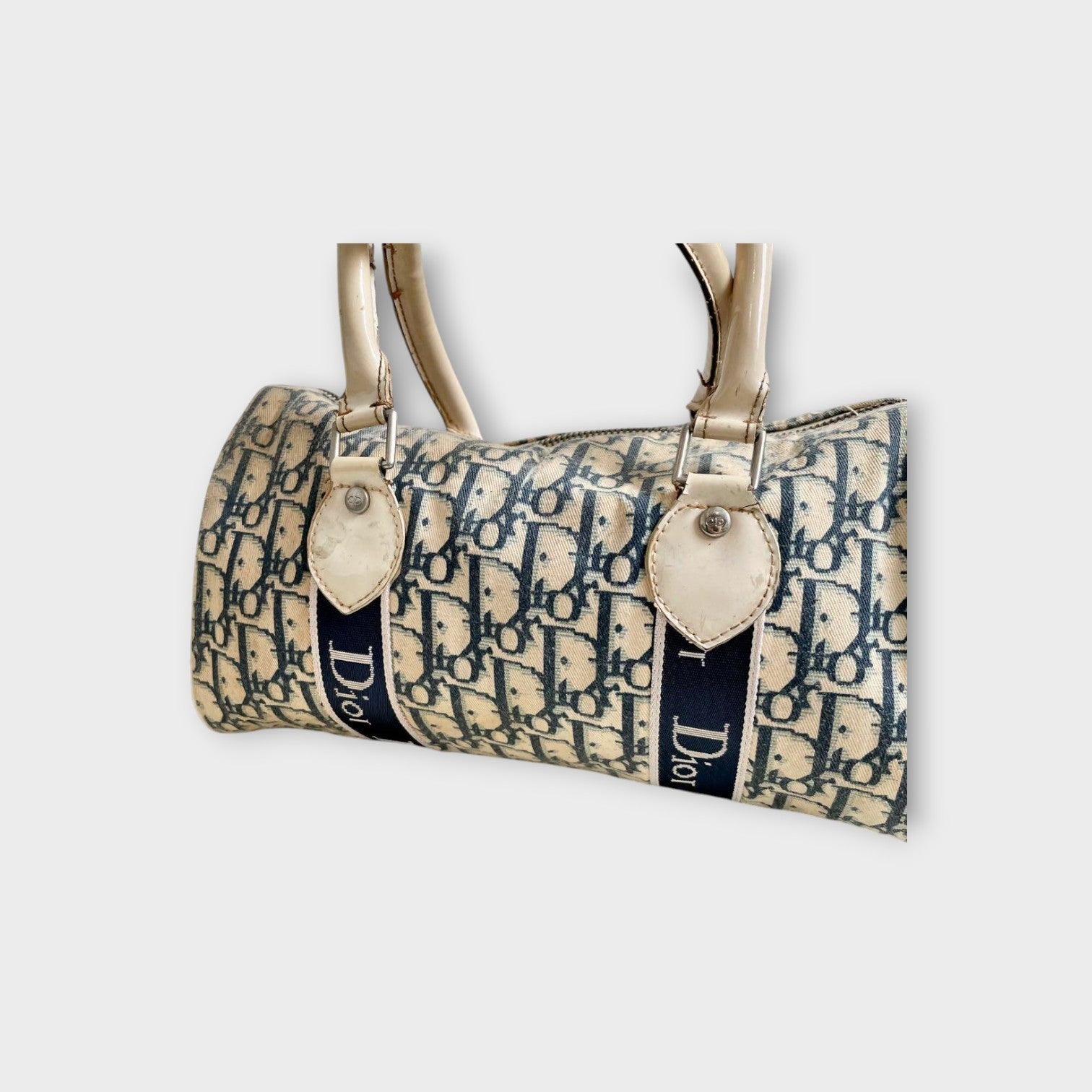 Christian Dior Trotter Flower Mini Boston Handbag Canvas Leather Navy Beige 【B】