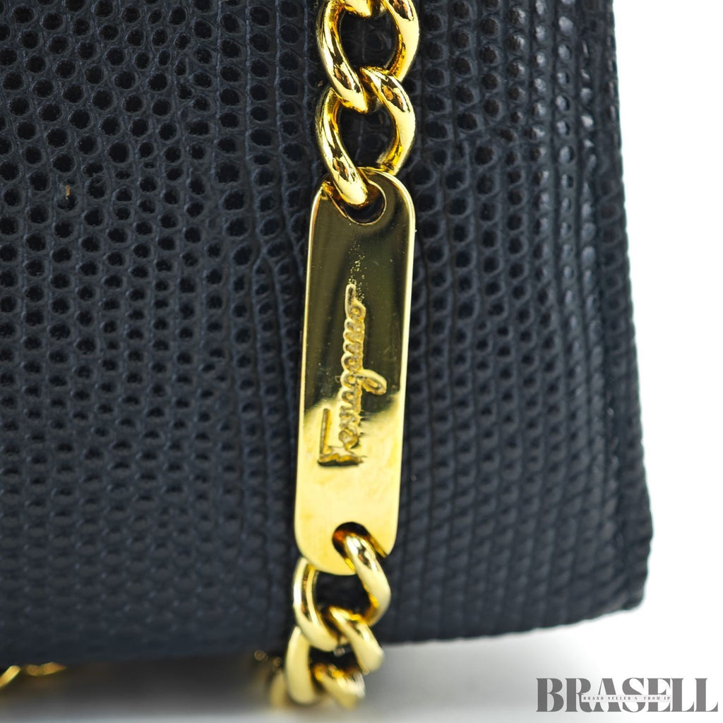 Salvatore Ferragamo Vara Ribbon 22-3054 Embossed Compact Shoulder Bag Black