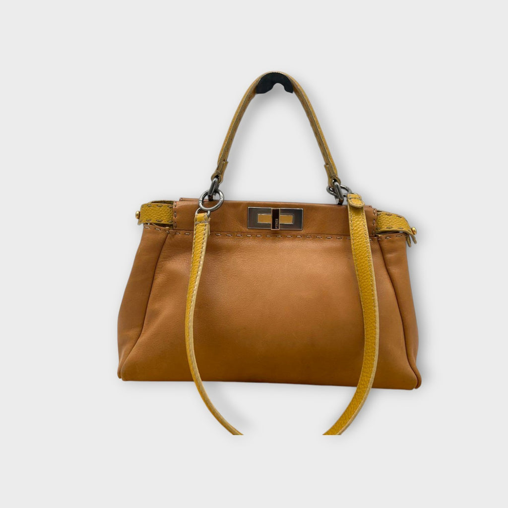 Fendi Selleria 2Way Handbag Shoulder Bag Leather Stitch Beige Yellow 【A】