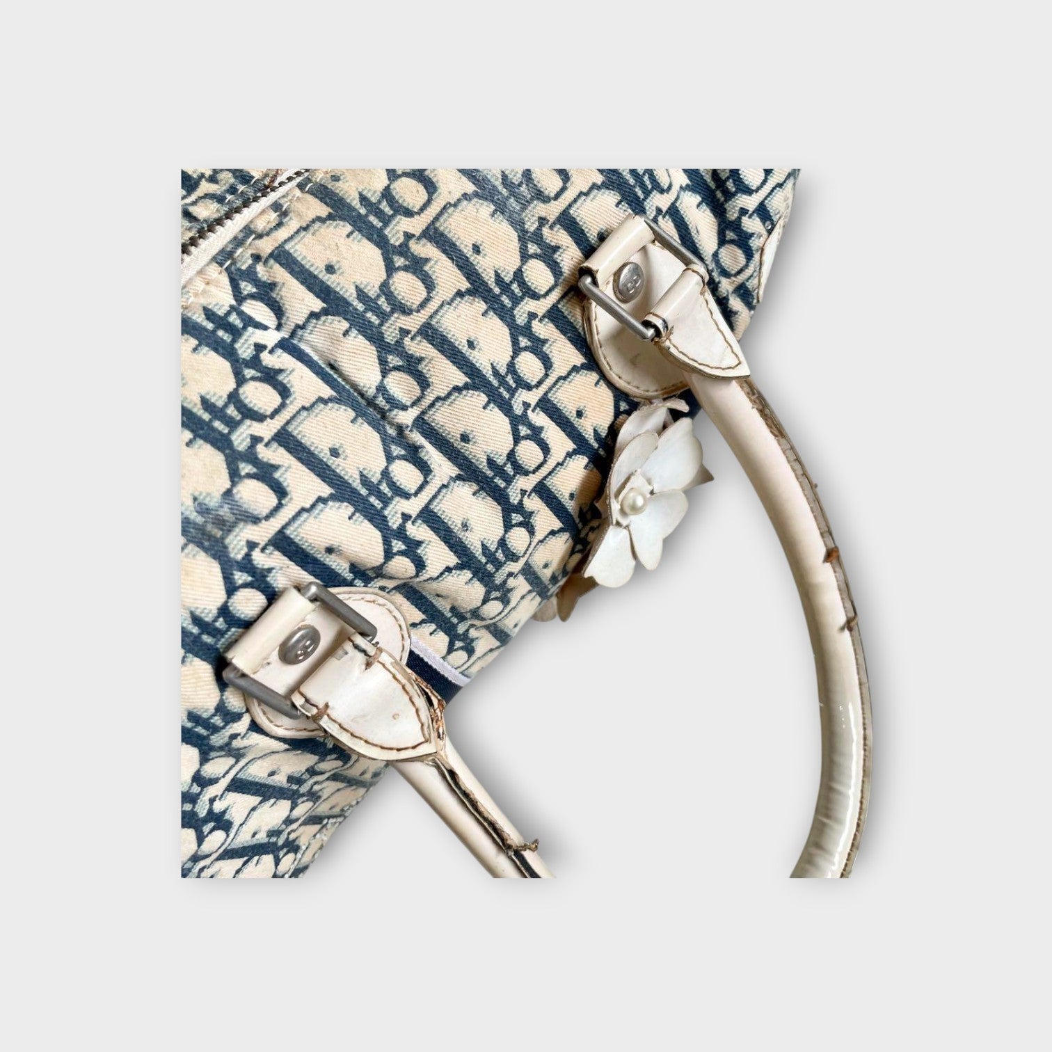 Christian Dior Trotter Flower Mini Boston Handbag Canvas Leather Navy Beige 【B】