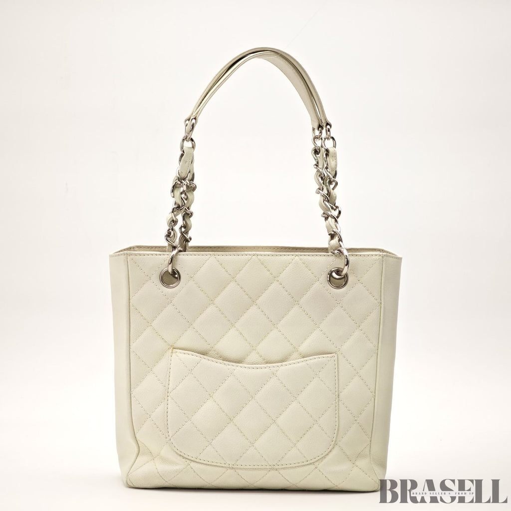 CHANEL Matelasse White Chain Tote Bag Handbag Caviar Skin w/ Box Authentic Card