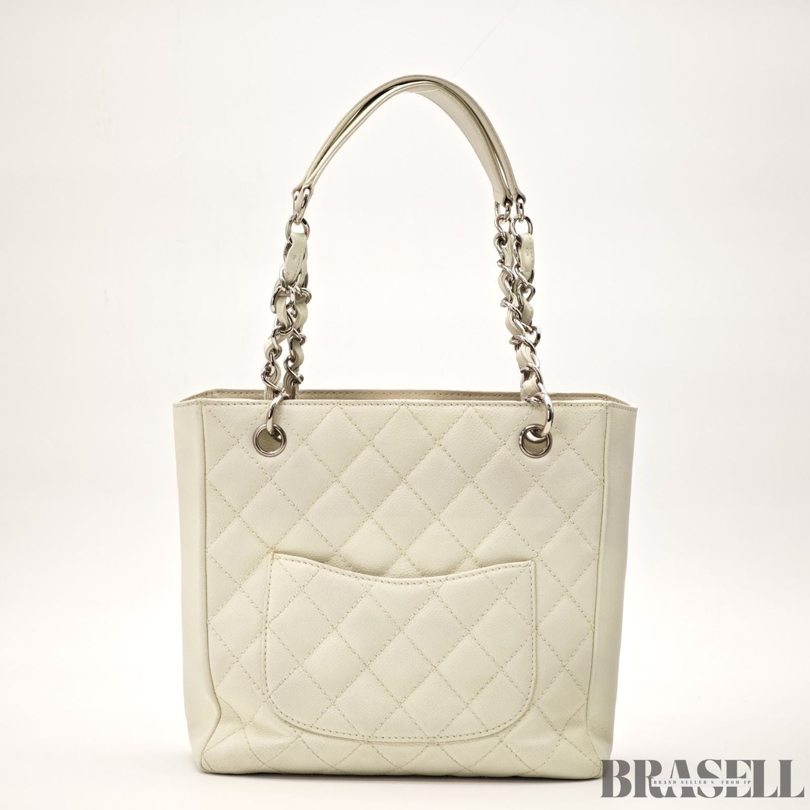 CHANEL Matelasse White Chain Tote Bag Handbag Caviar Skin w/ Box Authentic Card