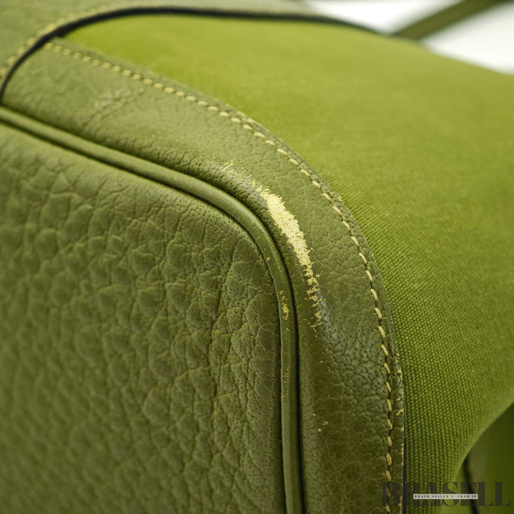 HERMES Garden Party MM Green Cobalt Canvas Leather Tote Bag Women’s