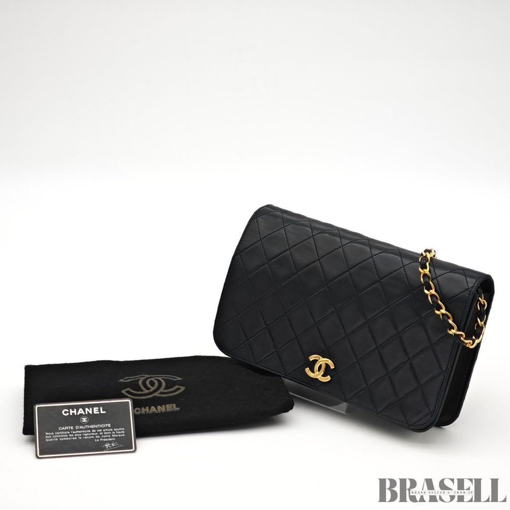 CHANEL Matelassé Full Flap Push Lock Shoulder Bag Chain Small Black Lambskin