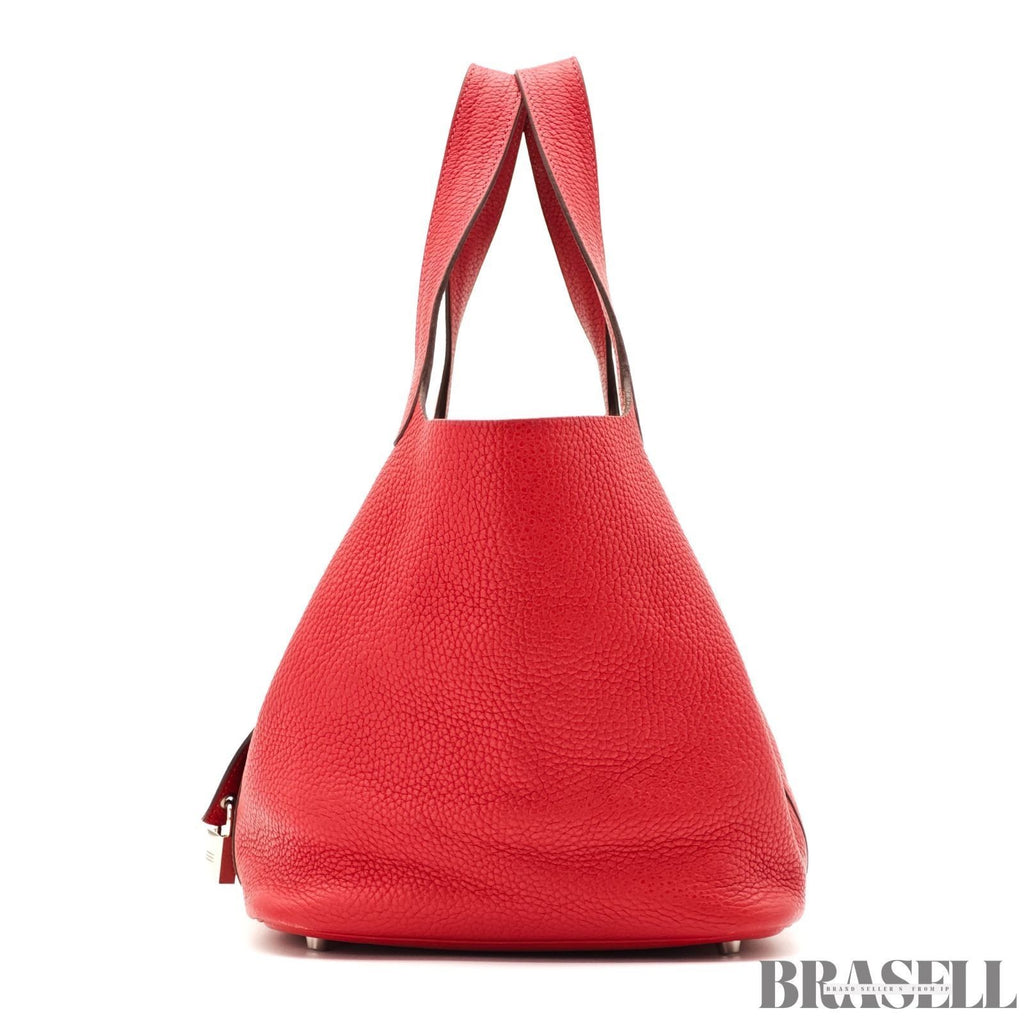 HERMES Picotin Lock Red Handbag Tote Bag Leather Silver Hardware with Padlock