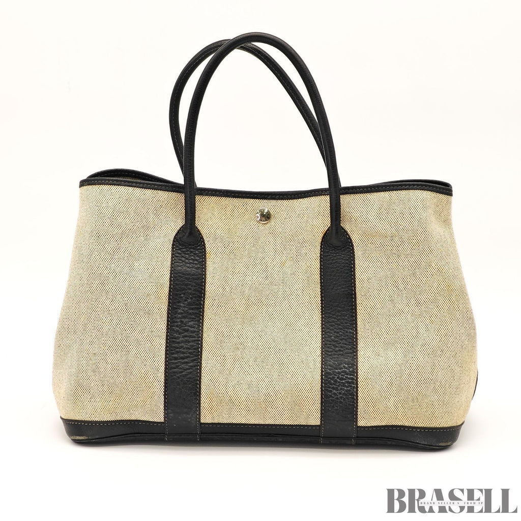 HERMES Garden Party Gray Black Toile Ash Leather Tote Bag Handbag D□C