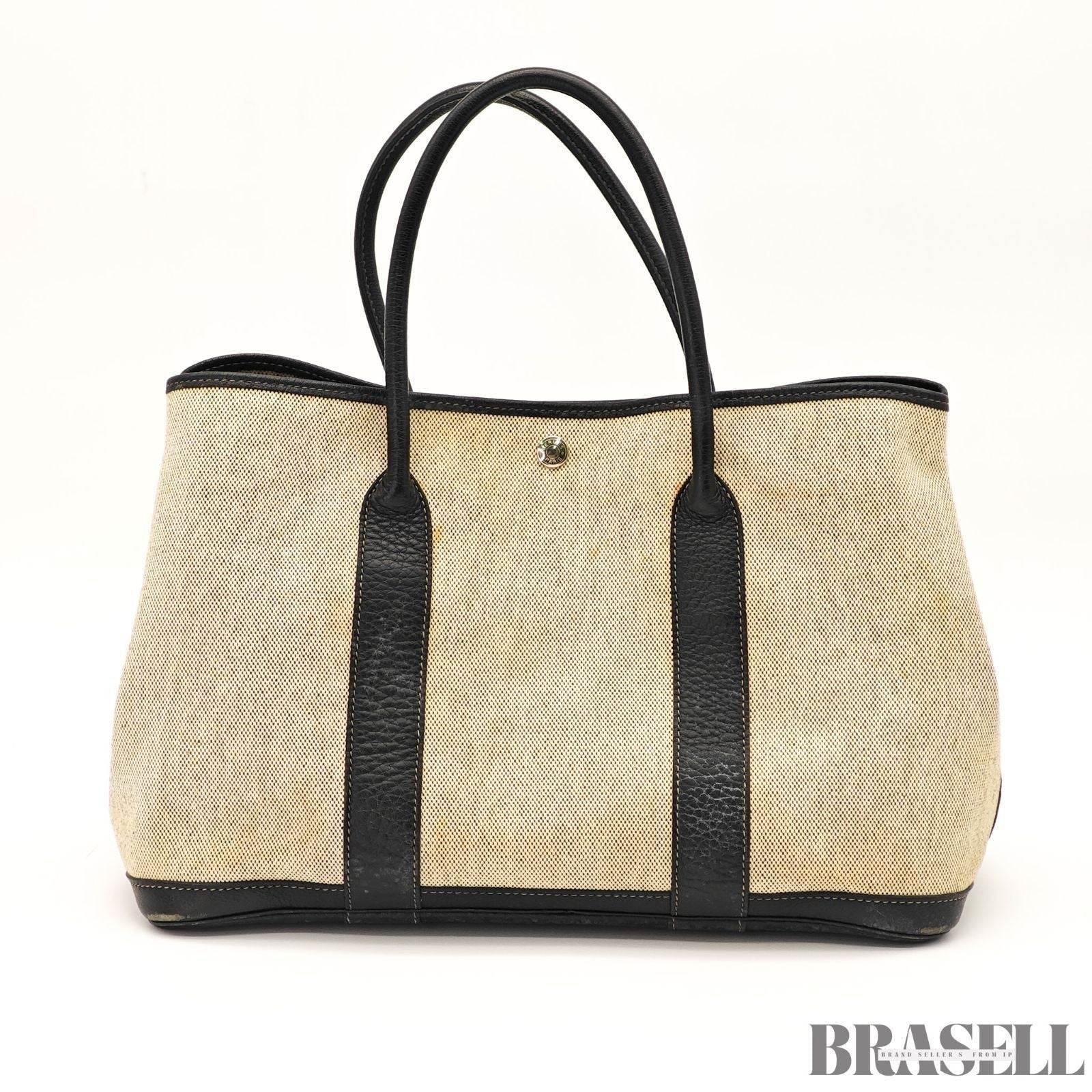 HERMES Garden Party Gray Black Toile Ash Leather Tote Bag Handbag D□C