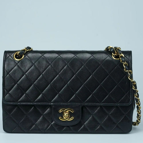 CHANEL Matelasse 25 Double Flap Vintage Chain Shoulder Bag Black Gold