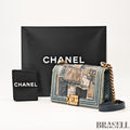 Chanel Boy Chanel Patchwork Chain Shoulder Bag Blue Gold Denim w/Box Dust Bag