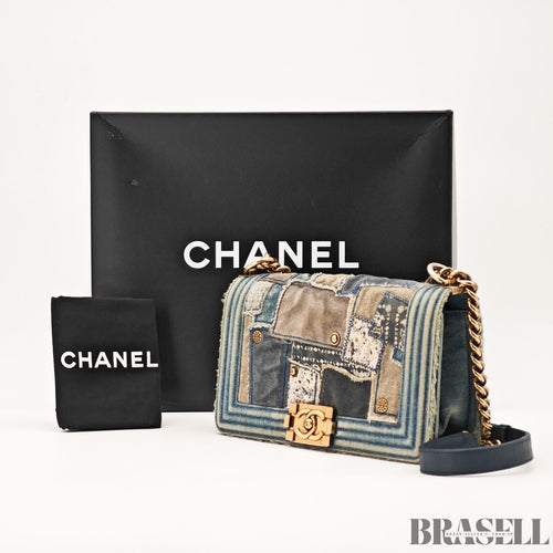 Chanel Boy Chanel Patchwork Chain Shoulder Bag Blue Gold Denim w/Box Dust Bag