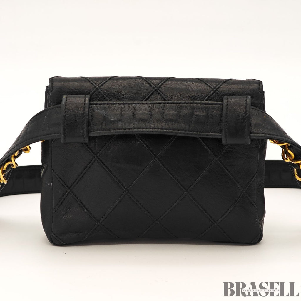 CHANEL Belt Bag Black Leather Gold Turnlock CC Logo Chain Waist Pouch Quilting