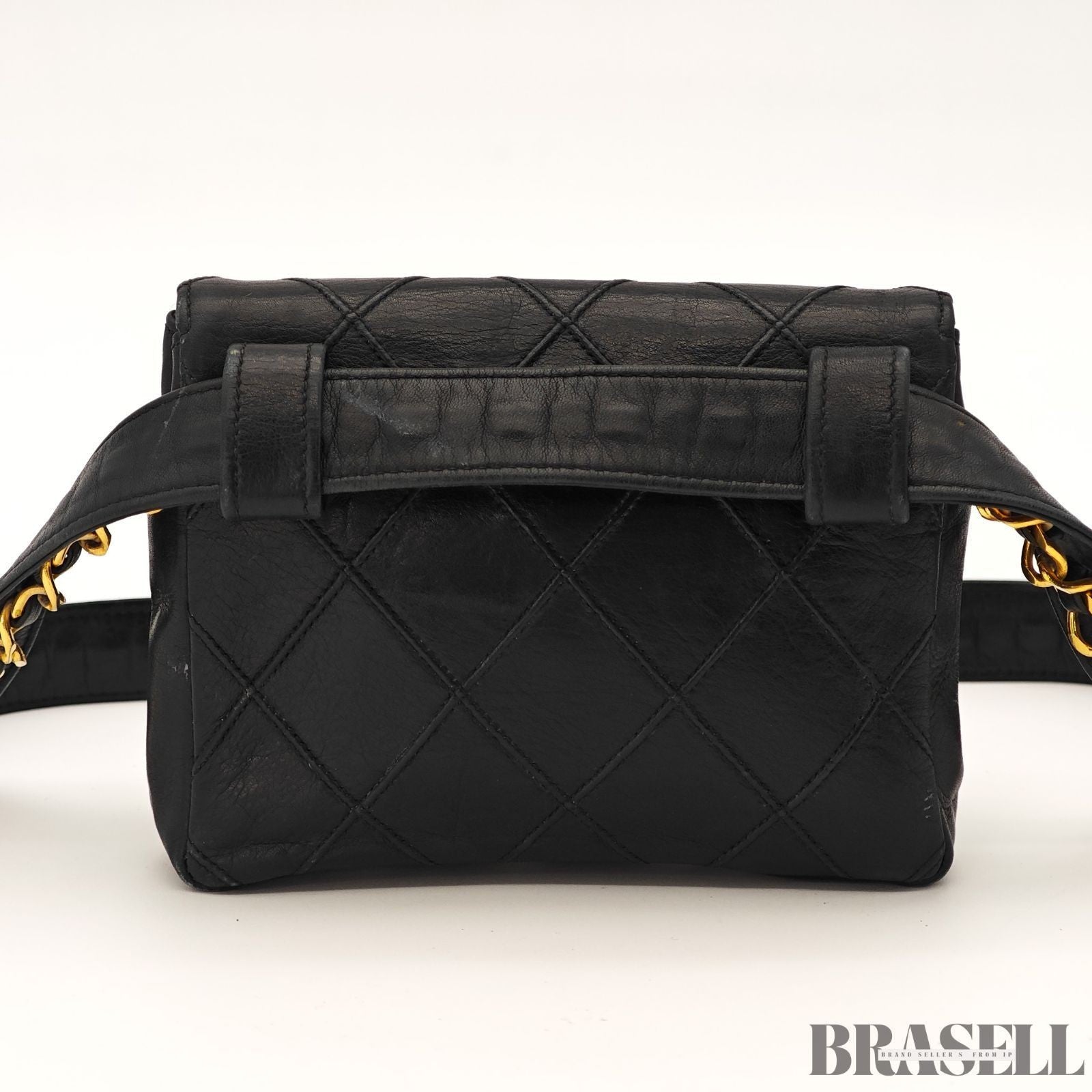 CHANEL Belt Bag Black Leather Gold Turnlock CC Logo Chain Waist Pouch Quilting
