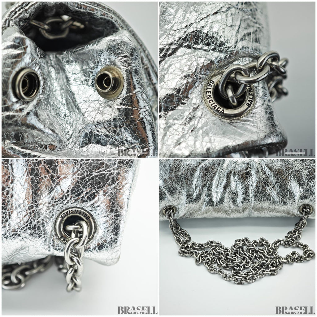 BALENCIAGA MONACO Nano Bag Metallized Compact Shoulder Bag in Silver