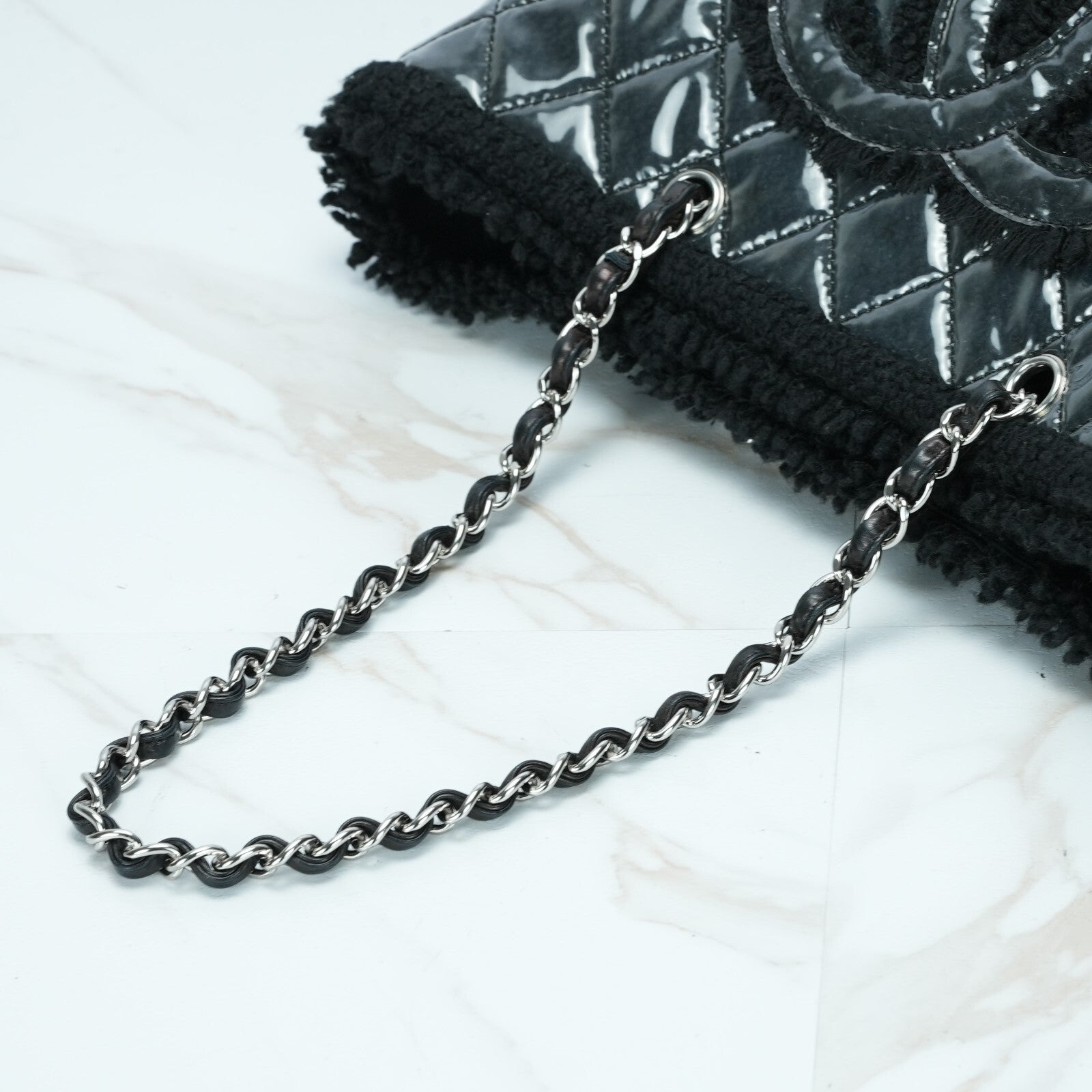 Last Sale CHANEL Funny Tweed Chain shoulder Tote Bag A47155 Plastics wool Black