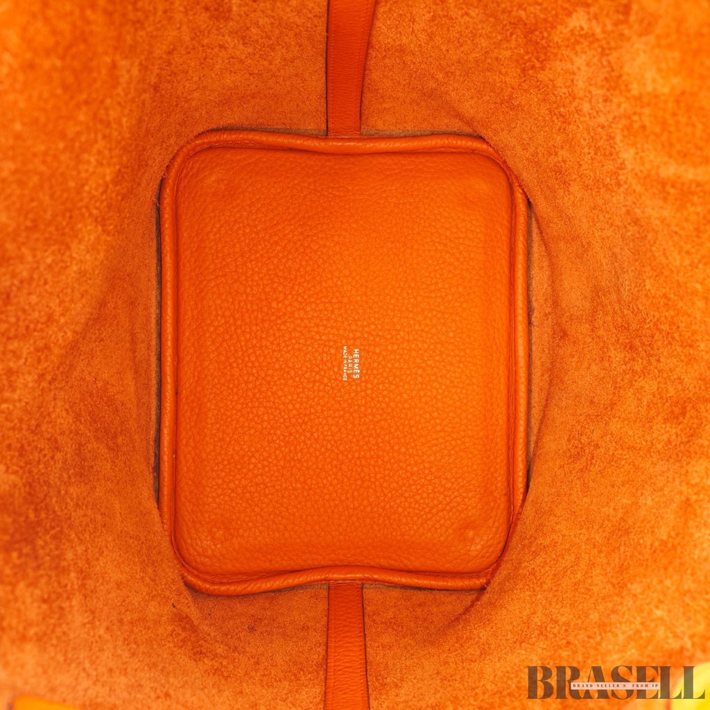 HERMES Picotin Lock MM Tote Bucket Bag Handbag Leather Orange Taurillon Clemence