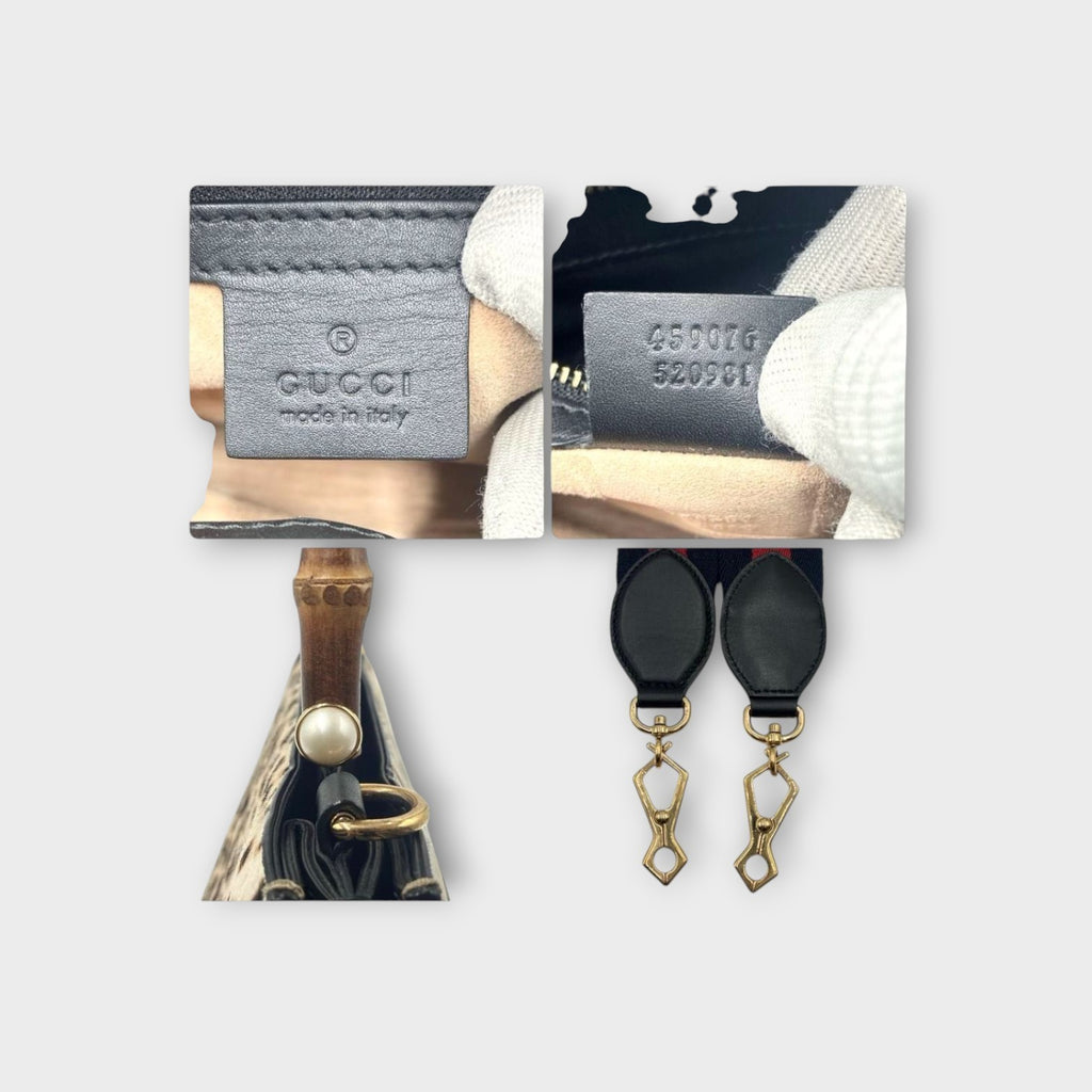 Gucci Nymphaea Bamboo Leopard 2WAY Handbag 459076 Beige Black Haircalf Leathe【A】