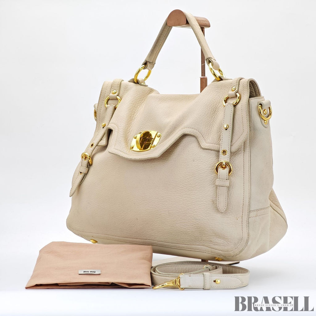 Miu Miu 2-Way Leather Tote Bag/Shoulder Bag Flap White Women's