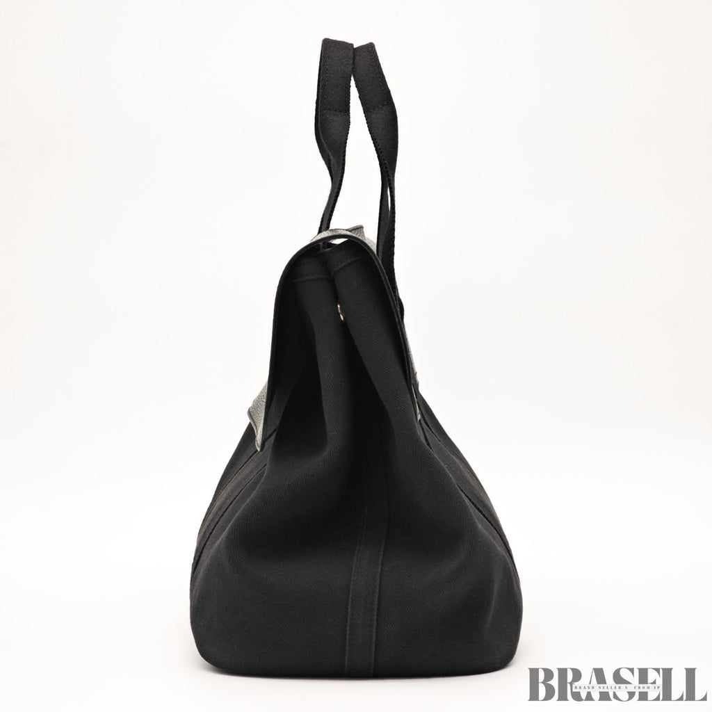 HERMES Valparaiso MM Handbag Toile Chevron Leather Black Unisex With Dust Bag