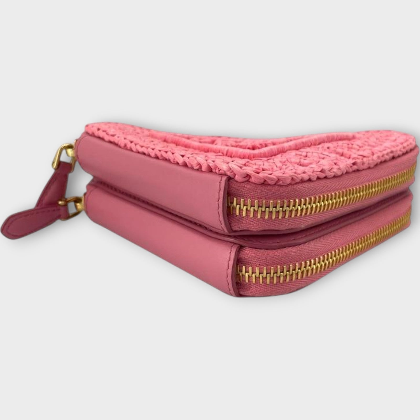 PRADA Triangle Shoulder 1NR015 Pink Gold Hardware Leather/Raffia Shoulder Bag