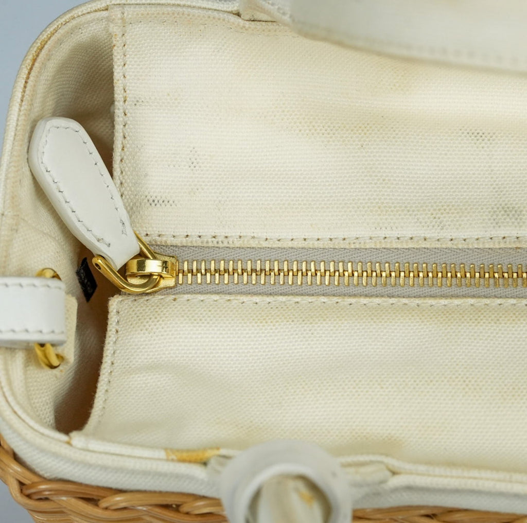 PRADA Canapa Wicker Basket Bag Rattan Raffia 2Way Beige White hand shoulder 【B】