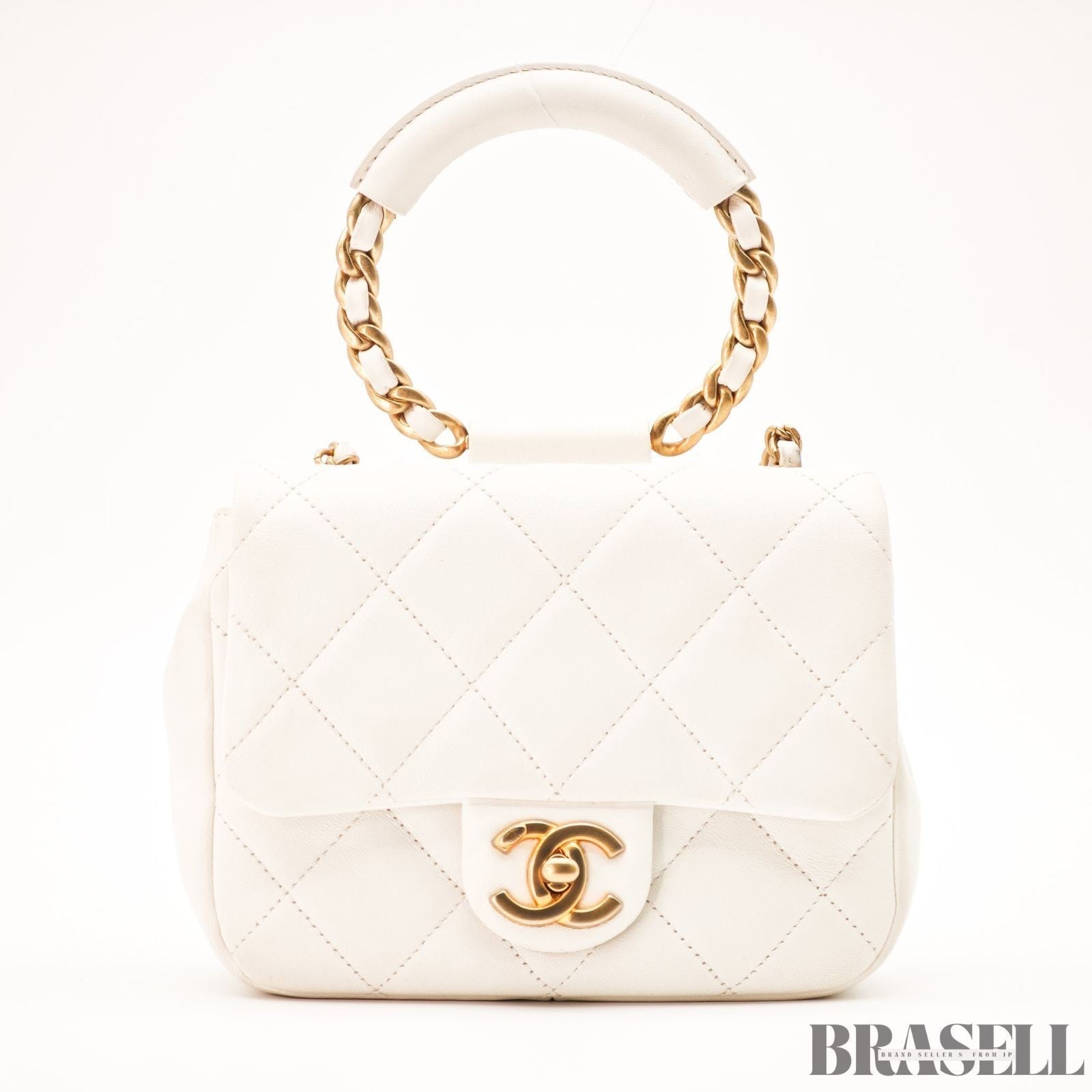 CHANEL Matelassé Top Handle Bag Handbag Shoulder Bag 2Way Lambskin White