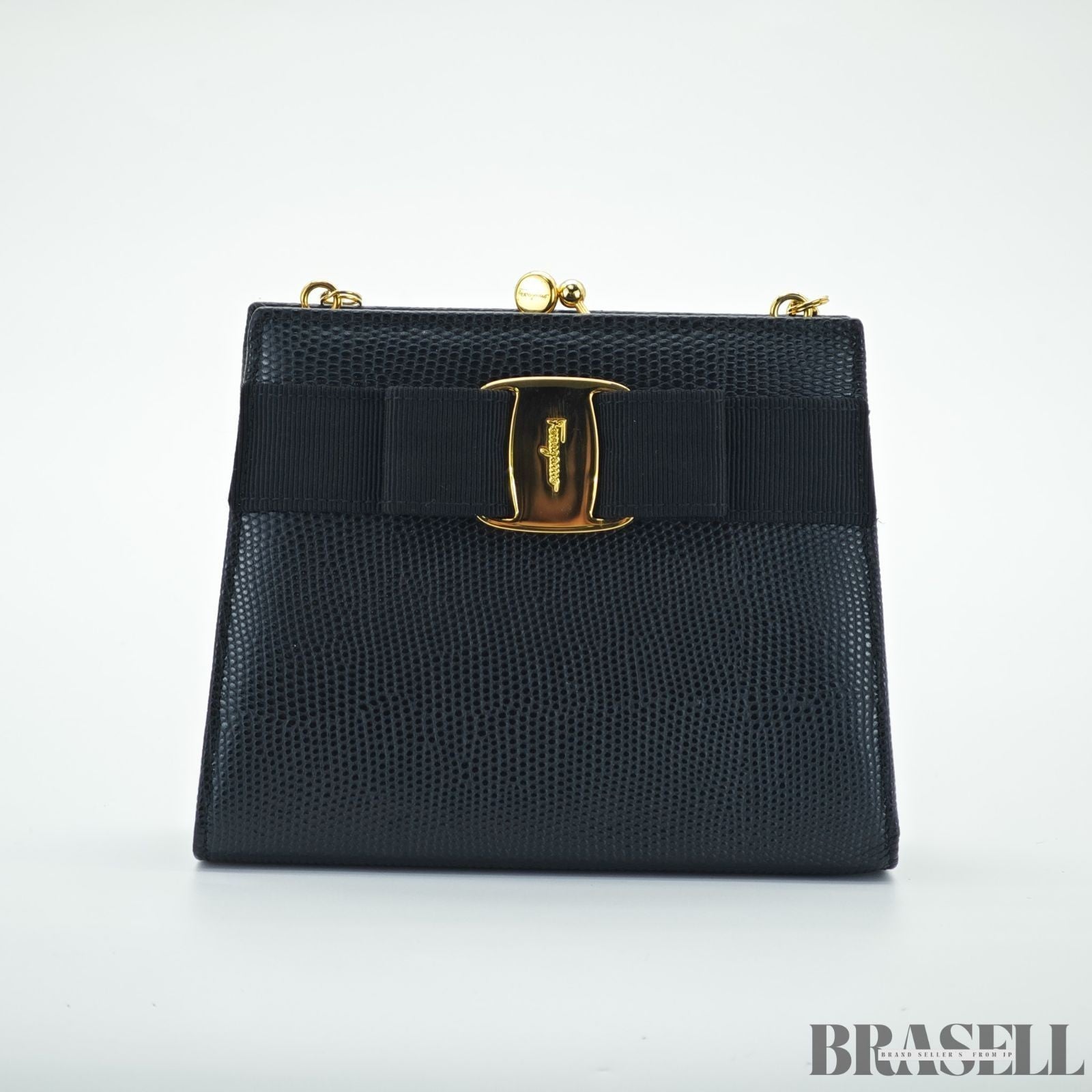 Salvatore Ferragamo Vara Ribbon 22-3054 Embossed Compact Shoulder Bag Black