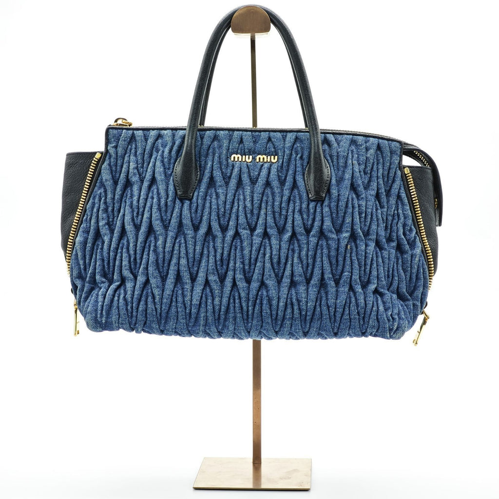 MIUMIU Matelassé Denim Canvas Handbag Horizontal Blue Men & Women