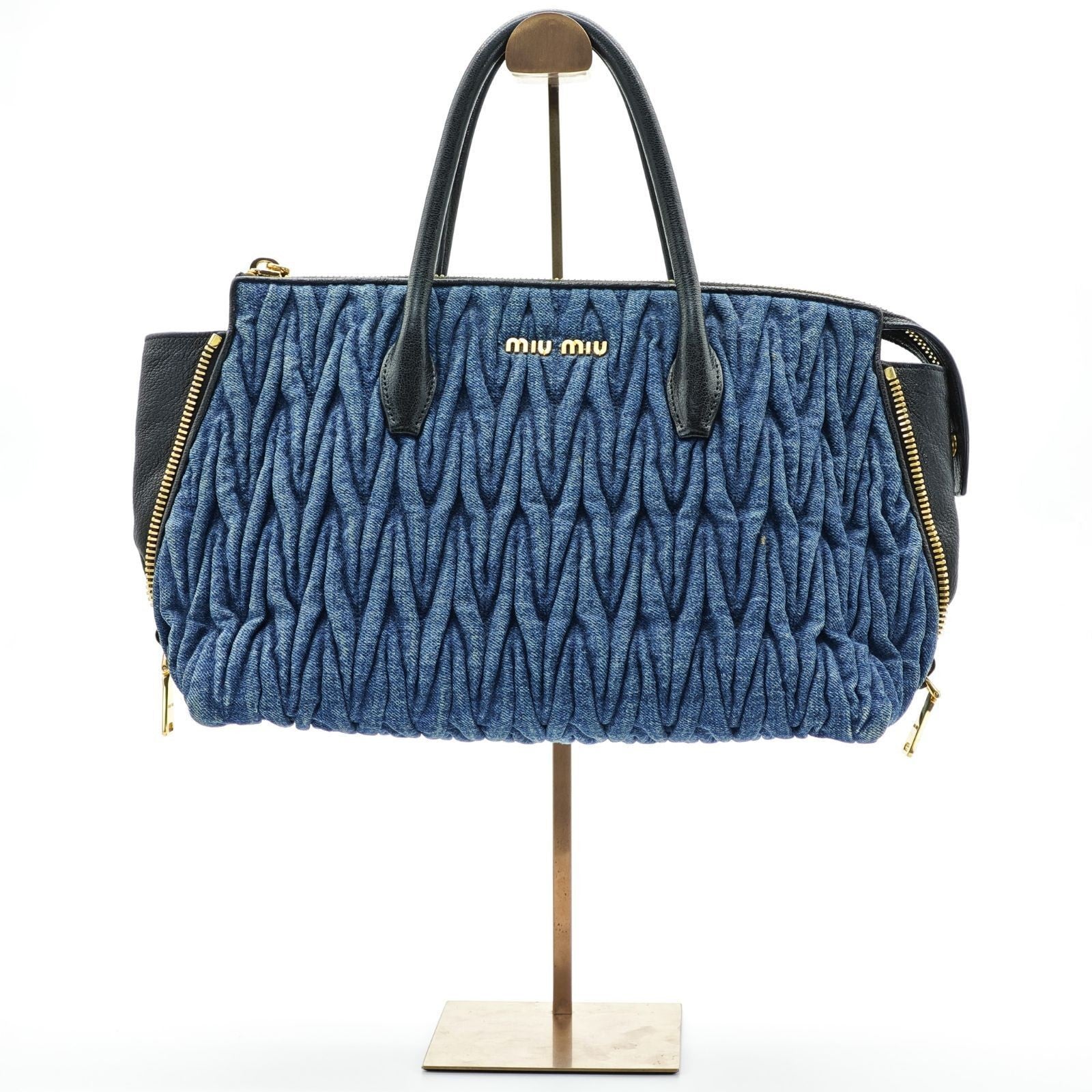 MIUMIU Matelassé Denim Canvas Handbag Horizontal Blue Men & Women