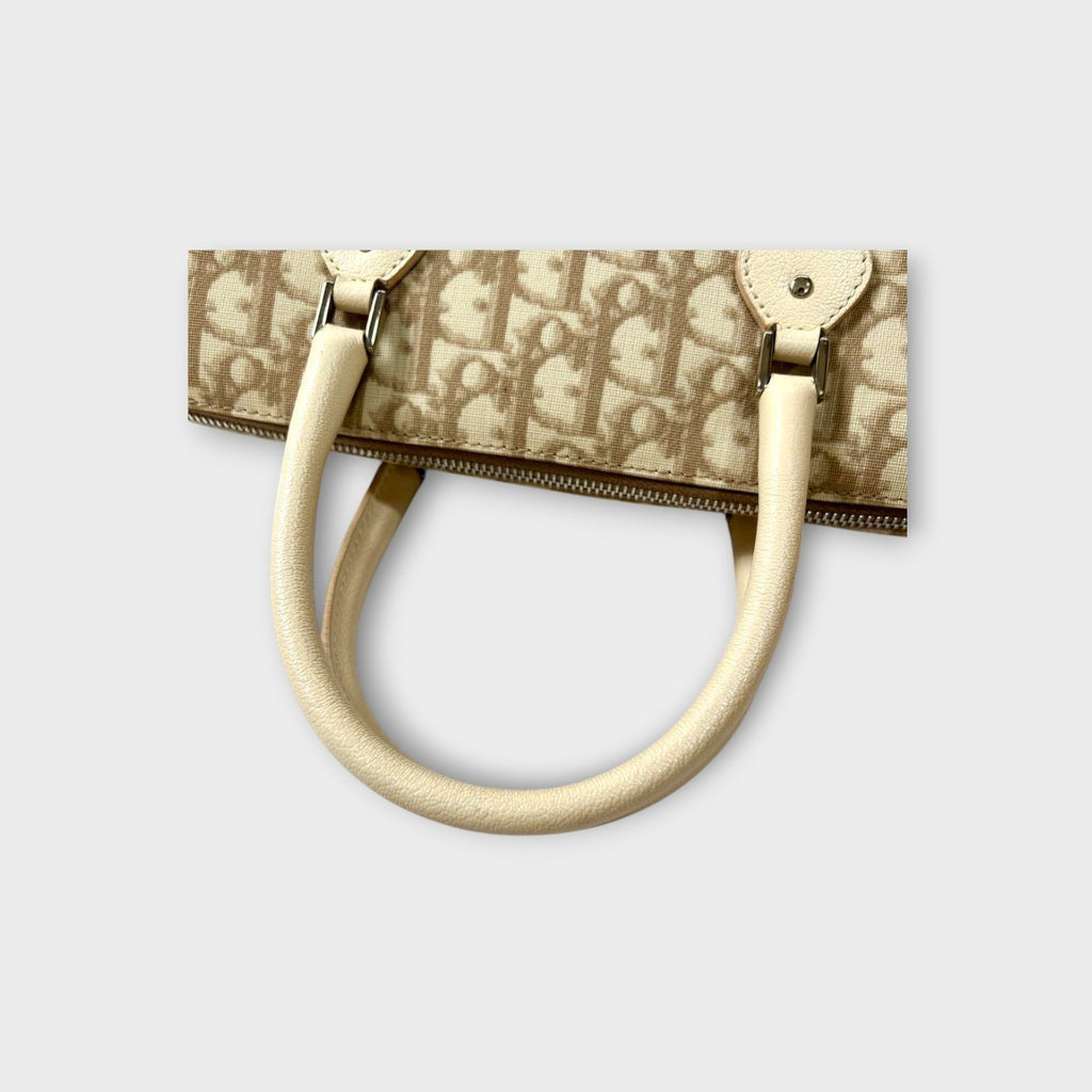 Dior Trotter PVC Leather Floral Handbag Tote Bag Beige Silver Hardware 【B】