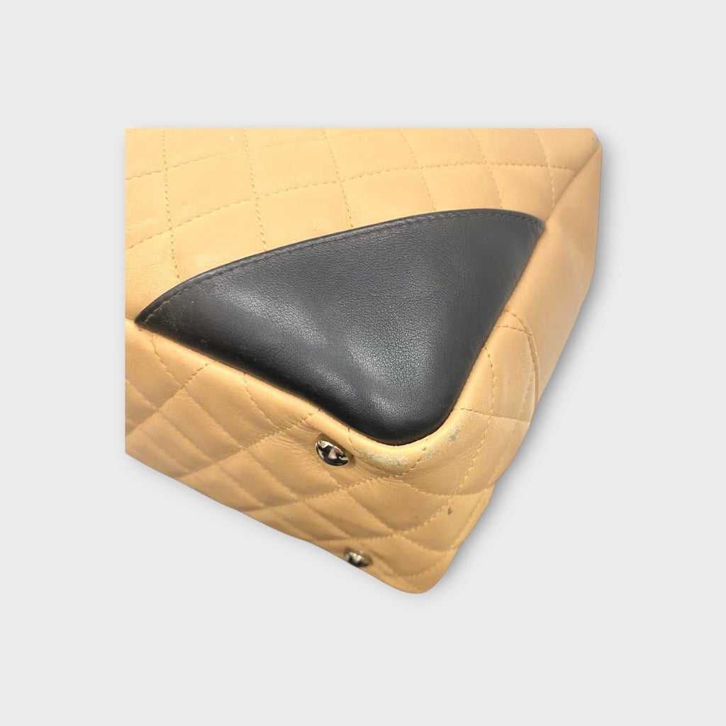 CHANEL A25171 Cambon Line Matelasse Bowling Bag Beige Black Handbag 【B】