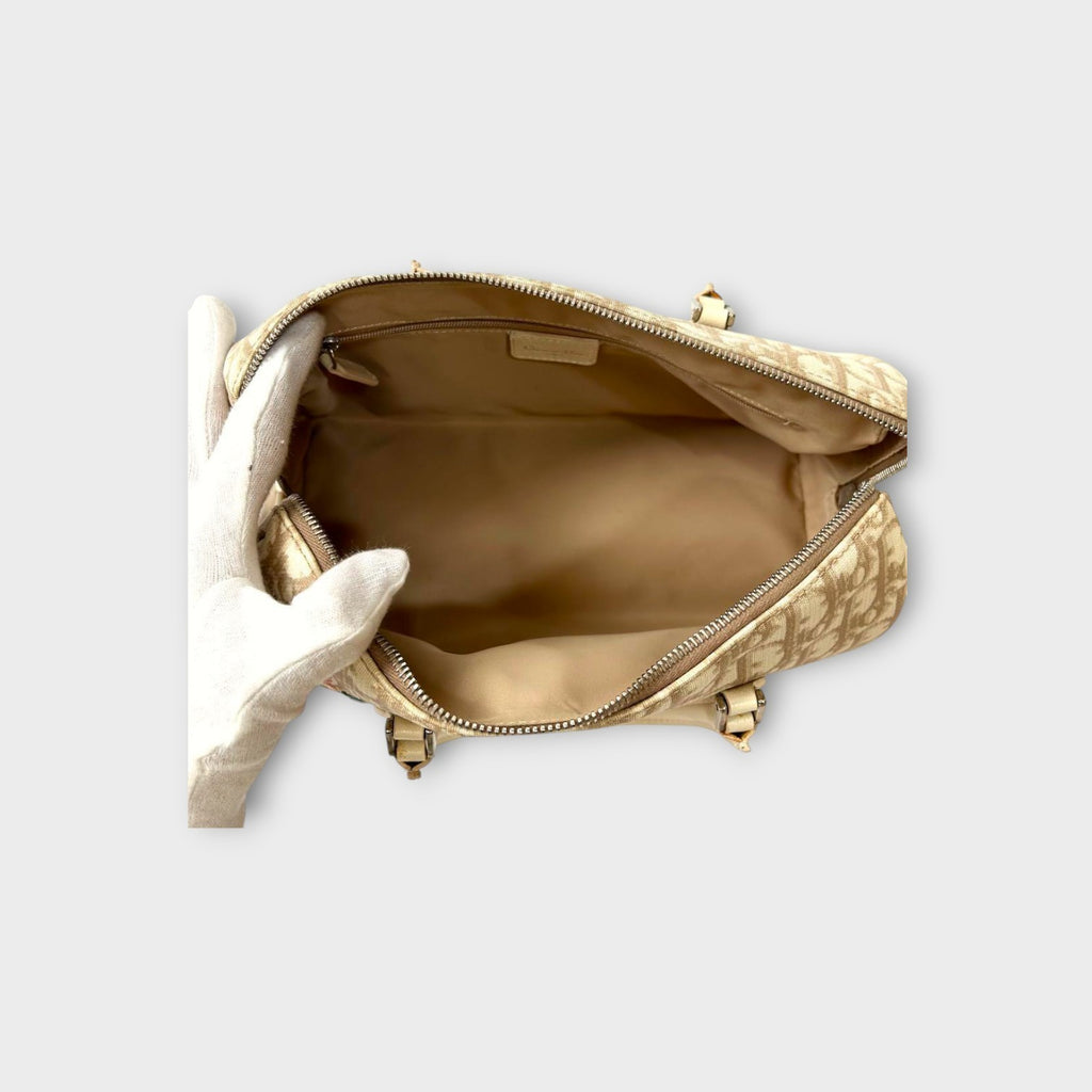 Dior Trotter PVC Leather Floral Handbag Tote Bag Beige Silver Hardware 【B】