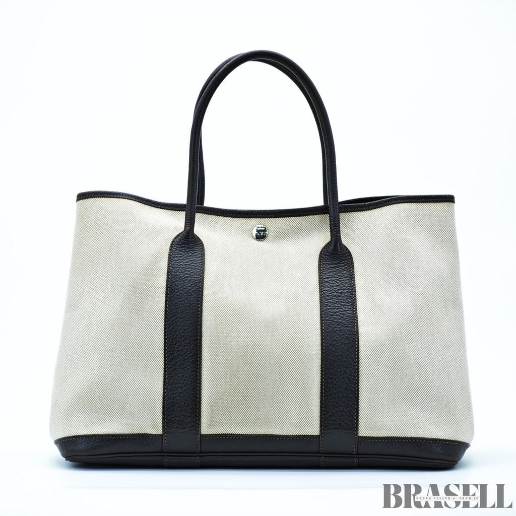 HERMES Garden Party PM Tote Bag Beige Dark Brown Canvas Leather Women’s