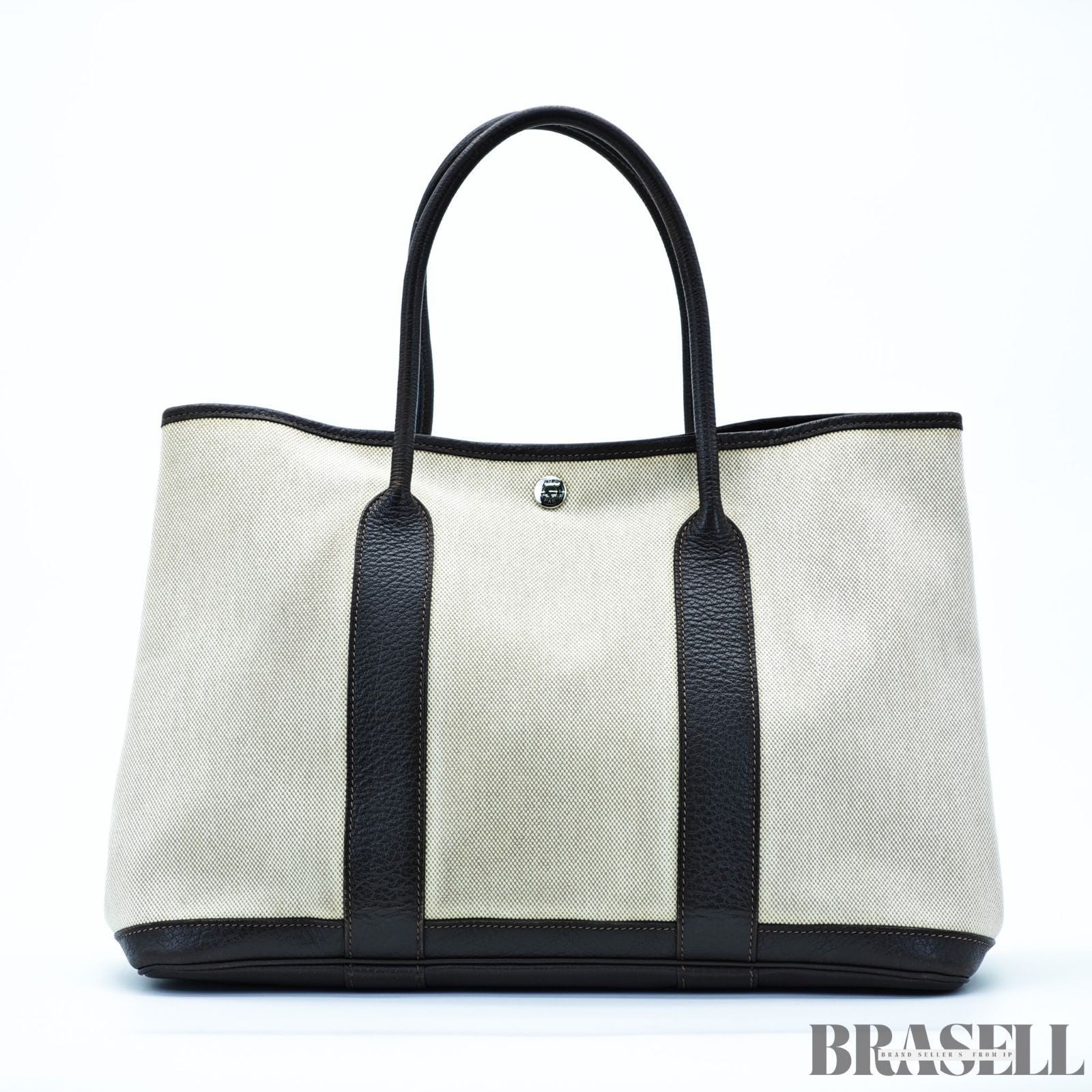HERMES Garden Party PM Tote Bag Beige Dark Brown Canvas Leather Women’s